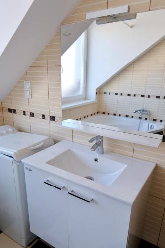 a bathroom with a sink and a bath tub at Apartments MIYABI in Maribor