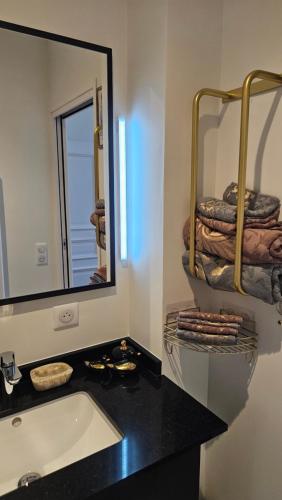a bathroom with a sink and a mirror at Chambre chez l'habitant Res Belle Epoque Ville d'hiver in Arcachon