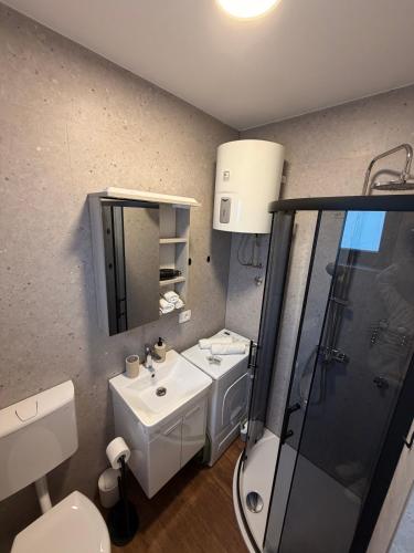 a bathroom with a toilet and a sink and a shower at A & B apartment in Lovran