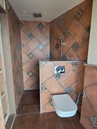 a bathroom with a toilet and a tile wall at ANVI Homestay in Bhopal