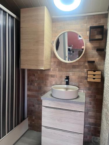 a bathroom with a sink and a mirror at Biscalove in Biscarrosse