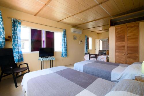 a hotel room with two beds and a television at Esaw Place in Christ Church
