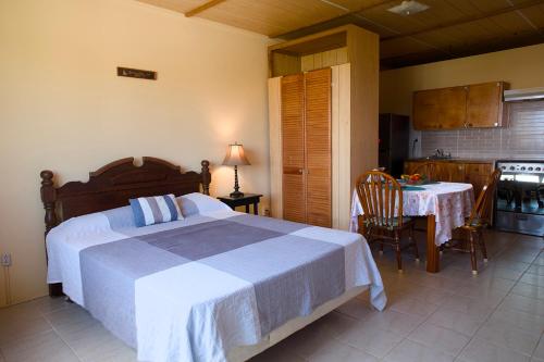 a bedroom with a bed and a table and a kitchen at Esaw Place in Christ Church
