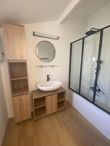 a bathroom with a sink and a mirror at Sea & Stay Bredene Zeewind 2 in Bredene