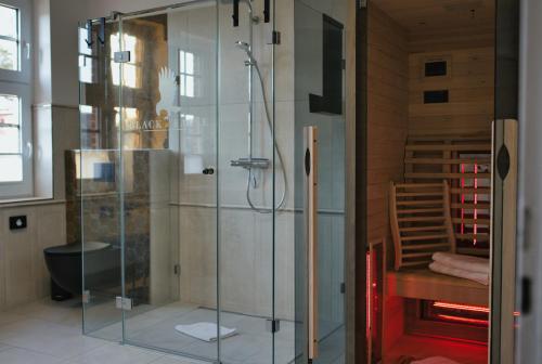 a glass shower in a bathroom with a bench at Residence Black Eagle Lubmin Strand in Lubmin