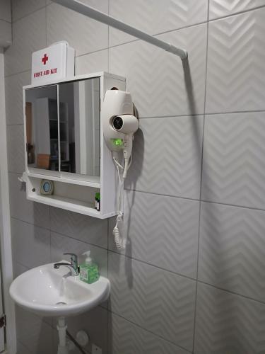 a bathroom with a sink and a hair dryer on the wall at Cayenas Apartament in Willemstad