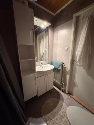 a bathroom with a sink and a mirror at Boreal Cottage in Karungi