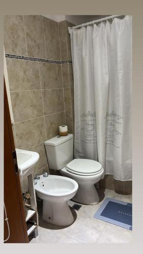 a bathroom with a toilet and a sink and a shower curtain at Monoambiente centrico-Paseo Plaza in Navarro