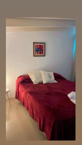 a bedroom with a bed with a red blanket at Departamento 3 ambientes-Paseo Plaza in Navarro