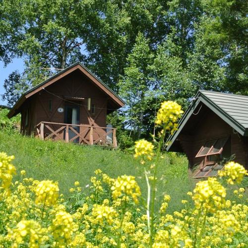 a cabin on the side of a hill with yellow flowers at Pension Megumiyuki in Biei