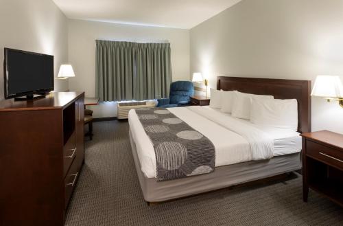a hotel room with a bed and a flat screen tv at GrandStay Hotel & Suites Hastings in Hastings