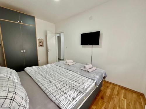 a bedroom with a bed and a flat screen tv at N&M Apartment in Pirot