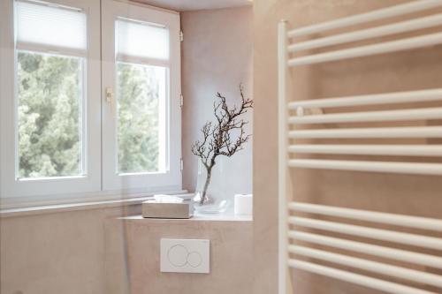 a bathroom with a shelf and a window at Hotel Château Palacio in Fauvillers