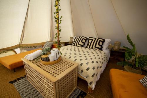 a living room with a couch and a table at Cheviot Glamping Ltd in Ford