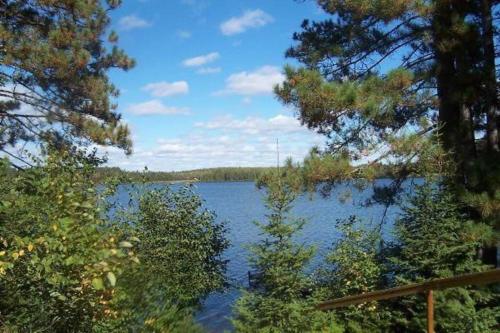 a view of a lake from between two trees at Gresham Shores - Lil' Sunfish - PET FRIENDLY in Arbor Vitae