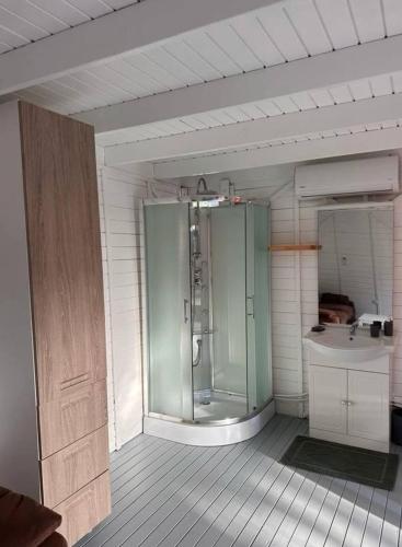 a bathroom with a shower and a sink at Location saisonnière in Petit-Bourg