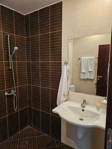 a bathroom with a sink and a shower and a mirror at Panorama View in Bansko