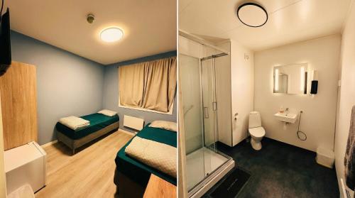 two pictures of a small room with a bathroom at Ahmad sweet home in Vardø