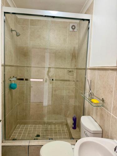 a bathroom with a shower and a toilet at Luxurious 2Bed ,Iconic Views Mountain& Beach in Big Bay