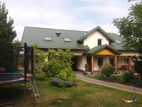 a house with a green roof at Agroturystyka Leśna Malinka in Celejów