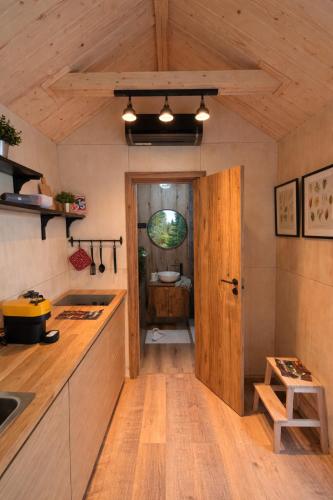 a kitchen with a sink and a toilet in a room at Tiny House Retreat Mountain View Bicazul Ardelean in Bicazu Ardelean