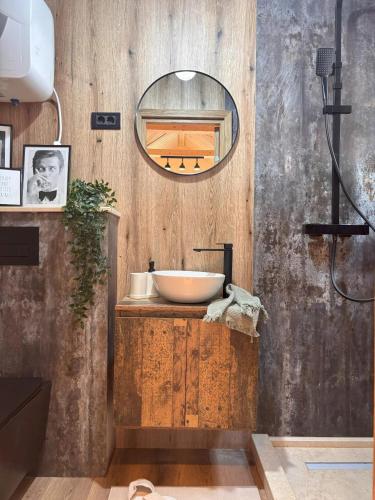 a bathroom with a sink and a mirror at Tiny House Retreat Mountain View Bicazul Ardelean in Bicazu Ardelean