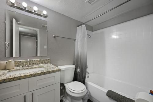 a bathroom with a toilet and a sink and a mirror at Great 1BR Mid-Term Apartment in Denton