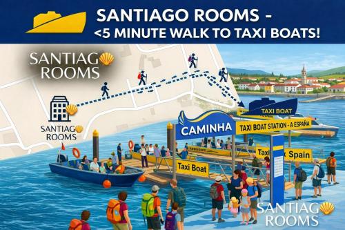 a poster of a cruise ship with people on the dock at Santiago Rooms in Caminha