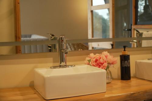 a bathroom sink with a faucet and flowers on a counter at NIDU Cabañas Boutique & Holística in Mineral del Monte