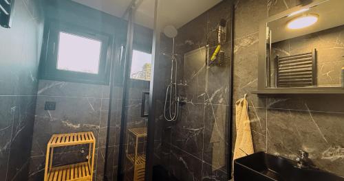 a bathroom with a shower and a sink at Maya tempel - De IJsvogel in Voorthuizen