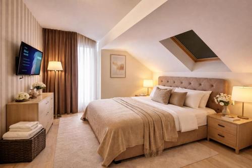 a bedroom with a large bed and a tv at Villa DeaDorata in Oradea