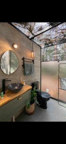a bathroom with a sink and a toilet and a mirror at Lohma Nature in Gramado