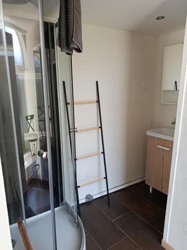 a bathroom with a shower and a toilet and a sink at domaine des trois rivières in Sainte-Marguerite-de-Viette
