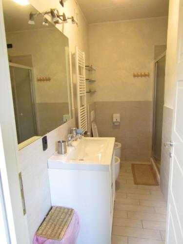 a bathroom with a sink and a mirror and a toilet at Danio beach house in Lido di Camaiore