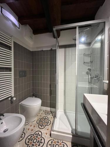 a bathroom with a shower and a toilet and a sink at Cà Della Valletta in Riomaggiore