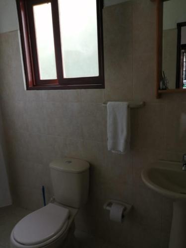 ein Badezimmer mit Toilette, Waschbecken und Fenster in der Unterkunft die sonne in Estación El Salto