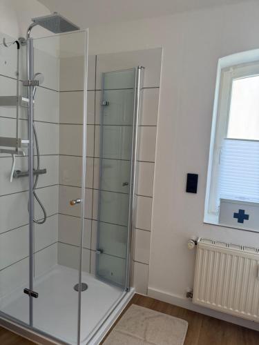 a glass shower in a bathroom with a window at Zum alten Pasewalker Kaufmann in Pasewalk