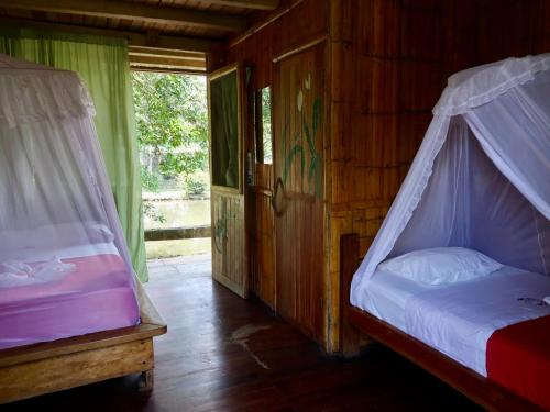 two beds in a wooden room with a window at Sinchi Warmi Amazon Lodge in Puerto Misahuallí