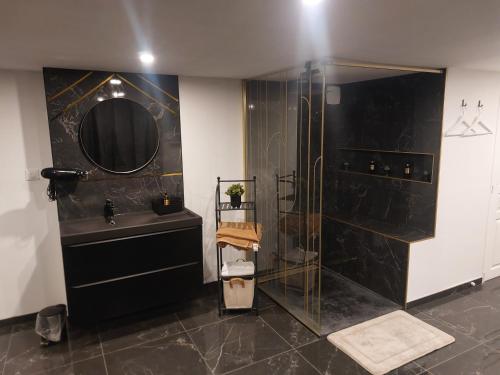a bathroom with a shower and a sink and a mirror at Suite Privée Deluxe O'Palawan Gold PROCHE TOURCOING CENTRE in Tourcoing
