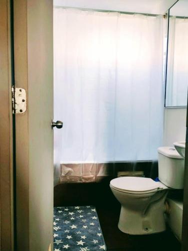 a bathroom with a toilet and a white shower curtain at CHEZ GERARDo ! in La Serena