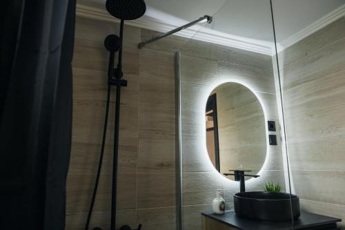 a bathroom with a shower with a mirror at Zen Home in Mihai Viteazu