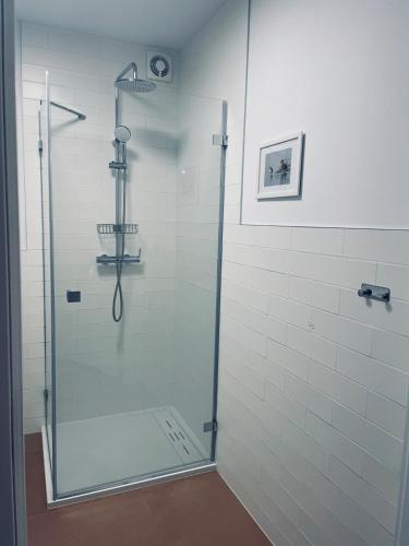a shower with a glass door in a bathroom at Skrzydła Biebrzy- Eco Cottage nad rzeką Narwią - Biebrza NP in Niwkowo