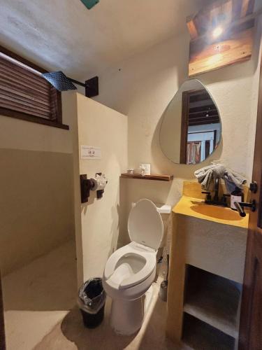 a bathroom with a toilet and a sink and a mirror at Casa playa del Amor in San Pedro Pochutla