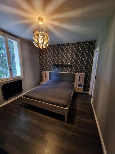 a bedroom with a bed and a chandelier at Residence Chateau d Eau in Mitry-Mory