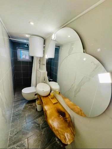 a bathroom with two toilets and a large mirror at Villa Silent Bay Lučice in Milna