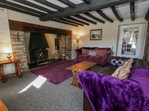 a living room with a couch and a fireplace at Penlone Cottage in Rhayader