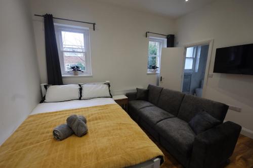 a living room with a bed and a couch at Private Luxury Ensuite Room Greater London, Free Parking Gatwick 15MIN in Croydon