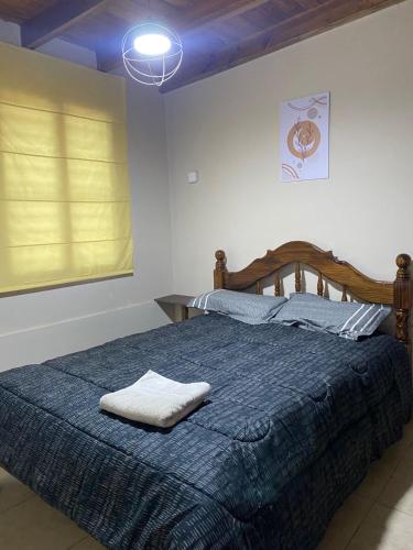 a bedroom with a bed with a blue blanket at Departamentos la lucia in Villa Paula de Sarmiento