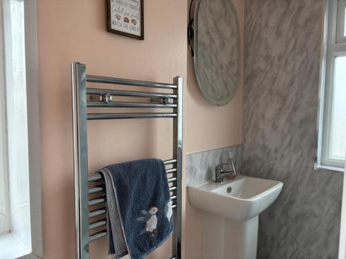 a bathroom with a sink and a toilet and a mirror at Palm Tree House in Filey