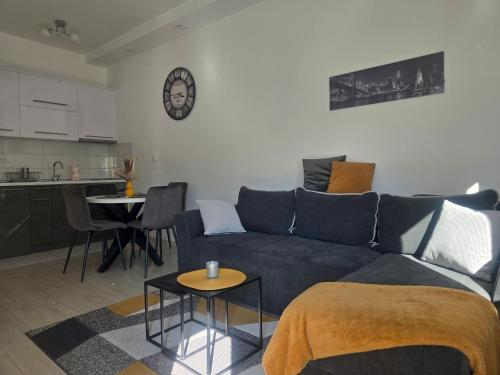 un salon avec un canapé bleu et une cuisine dans l'établissement Apartmani Iva, à Banja Koviljača